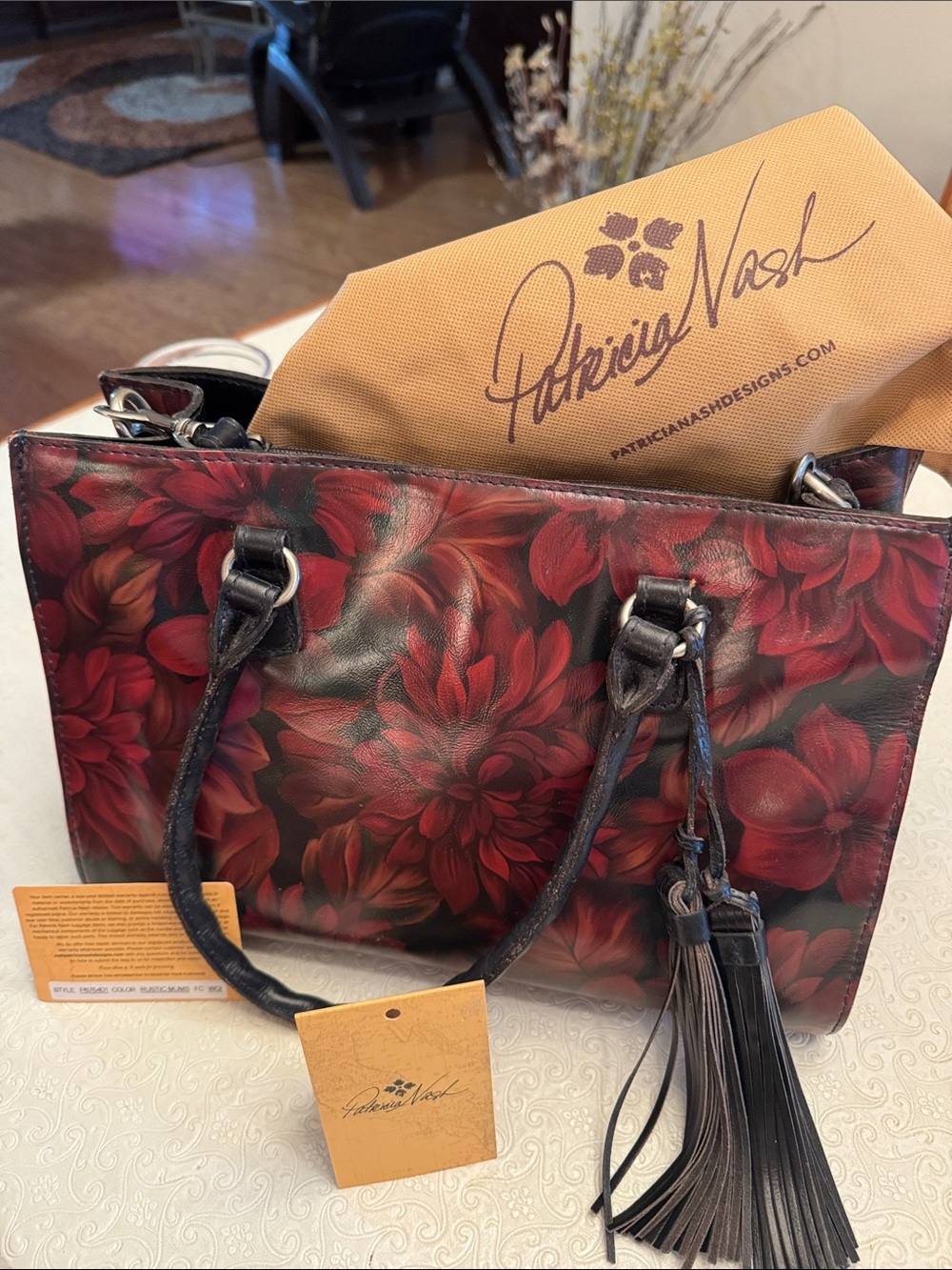Patricia Nash Red and Black Floral Leather Tote with Tassel Accent